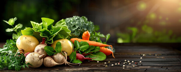 Poster - variety of leafy greens and root vegetables, including carrots, potatoes, and beets, are arranged on wooden table with natural, sunlit background