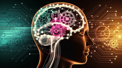Poster - Human head profile, gears, and circuit board design, showcasing brain activity and technological integration, representing artificial intelligence, neural networks, and cognitive processes