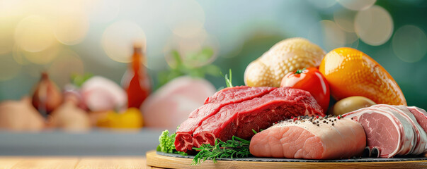 Poster - variety of fresh meats including beef, chicken, and pork are displayed on wooden surface, surrounded by vegetables and herbs, creating vibrant and appetizing scene