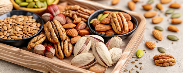 Poster - variety of nuts and seeds are arranged on wooden tray, including almonds, pecans, pistachios, and pumpkin seeds, creating colorful and healthy snack display