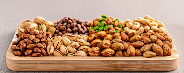 Poster - variety of nuts and seeds are neatly arranged wooden tray, showcasing diverse selection of textures and colors. assortment includes almonds, pistachios, and other seeds, creating visually