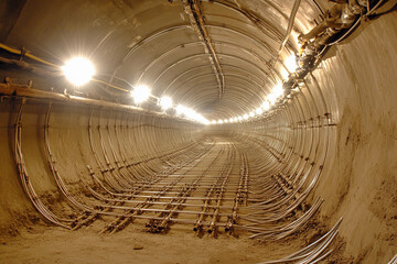 Aufkleber - Underground tunnel with wires and lights illuminating path Generative AI