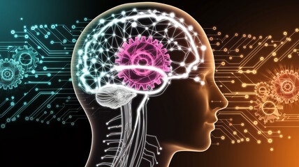 Poster - Human head profile, brain visualized with network and gears, circuit board background, representing artificial intelligence, technology, and cognitive processes