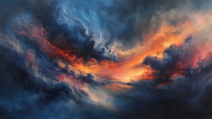 Poster - A vibrant abstract painting depicting a dynamic sky with swirling blue, orange, and black hues, evoking a sense of drama and movement.