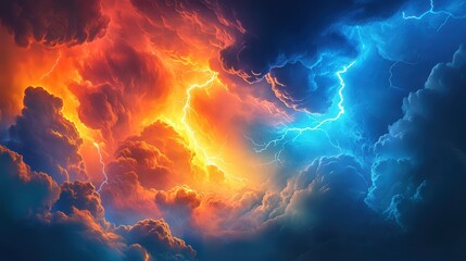 Aufkleber - A vibrant sky filled with dramatic clouds, showcasing striking contrasts of orange and blue, illuminated by intense flashes of lightning.