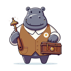 tour guide hippo with bell and camera in vest. vector illustration for travel services, museum excur