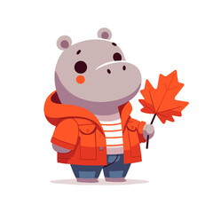 Wall Mural - Autumn hippo in orange jacket holding maple leaf. Vector illustration for fall season content, nature walks or seasonal fashion collections.