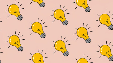 Poster - Repeating pattern of yellow lightbulbs on a pink background, symbolizing ideas, innovation, and creativity, perfect for presentations or websites