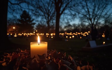 Poster - A single candle is lit in the foreground, surrounded by fallen leaves at night with blurred people holding candles lighting up many other lights in the background on the cemetery grounds.