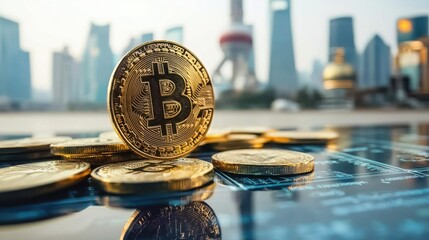 Poster - Bitcoin coin on a table symbolizing modern currency and innovations in decentralized finance platform concepts