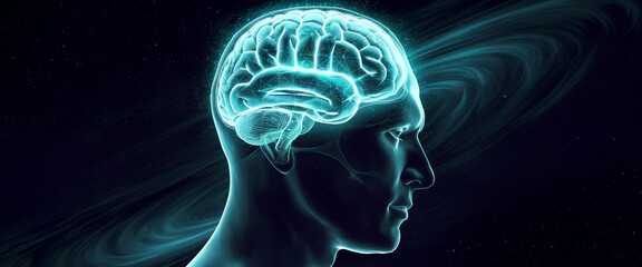 Poster - Profile view of glowing cyan human head with brain highlighted against dark space background, symbolizing intellect, consciousness, and the mysteries of the mind