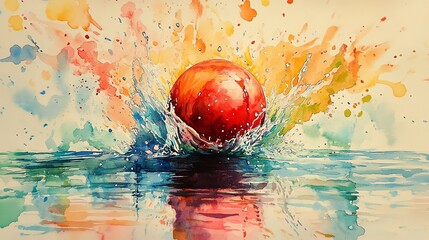 Poster - A colorful and energetic watercolor painting of a bowling ball splashing into water, capturing the action and excitement of leisure activities with a burst of dynamic energy