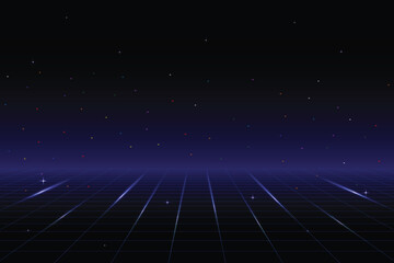 Fototapete - Retro cyberpunk style 80s game scene pixel art 8-bit sci-fi background. glowing neon grid and stars from vintage arcade computer games.