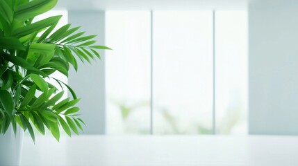 Poster - bright and airy interior with lush green plant and large windows