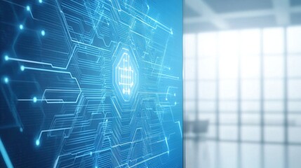 Poster - abstract digital interface design with blue neon lines and patterns