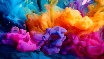Poster - Vibrant swirls of colored ink blend in water, creating a dynamic, abstract composition with a soft, ethereal feel. Generative AI.