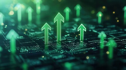 Poster - Green Arrows Indicating Growth on Digital Circuit Board Background