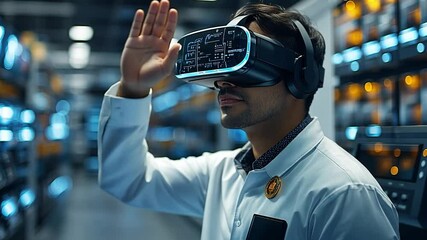 Poster - Man wearing virtual reality headset in a high-tech environment during a training session