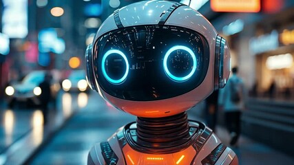 Poster - A futuristic robot stands in a bustling city street during the evening, illuminated by neon lights