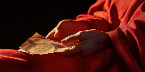 Poster - Hands Holding Beige Paper Fragment Against Red Fabric