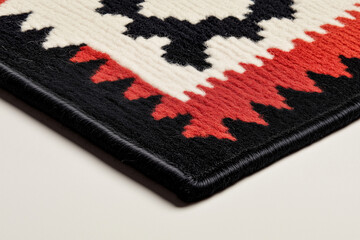 Poster - Geometric Elegance: A close-up of a vibrantly patterned carpet, showcasing intricate designs, rich colors, and textural details. The geometric composition is carefully designed.