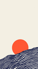 Poster - Serene Sunset: A minimalist landscape depicting a stylized sunset over rippling, textured waves. The image evokes a sense of tranquility and calm.