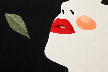 Poster - Artistic Abstract Face & Leaf: An abstract artwork features a woman's face and leaf, with a modern minimalist style, and a black background. The illustration creates a feeling of calmness.