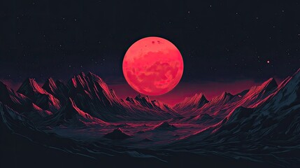 a red moon in the dark night sky, lunar illustration