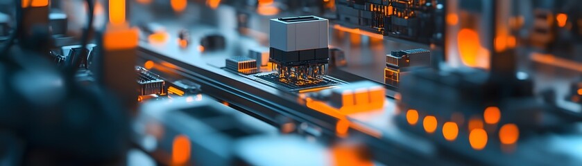 Poster - A detailed close-up of a circuit board showcasing intricate electronic components and luminous orange lighting, representing modern technology and innovation in electronics.