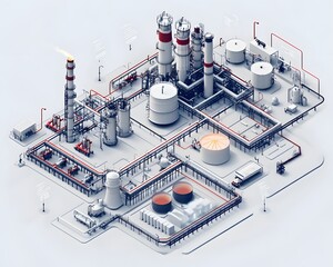 Poster - A detailed aerial view of a modern industrial facility featuring pipelines, storage tanks, and machinery, showcasing technological advancements in the manufacturing sector.