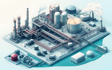 Poster - A detailed isometric illustration of a modern industrial facility, showcasing piping systems, storage tanks, and emission towers, highlighting technology in manufacturing.