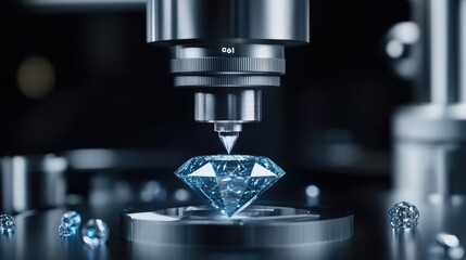Poster - A futuristic gemstone cutting lab with AI-powered precision machinery in operation.