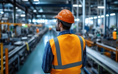 Poster - a focused worker in safety gear observes the manufacturing line in a modern factory. the environment