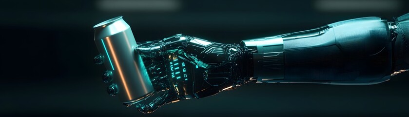 Poster - A futuristic robotic arm gracefully holds a metallic can, showcasing advanced design and technology. The sleek aesthetics highlight the fusion of functionality and innovation.