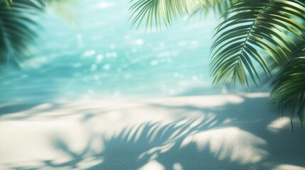 Aufkleber - Shadows of palm leaves dance gently on soft white sands, capturing the essence of a peaceful beach setting. The turquoise water glimmers in the sunlight, enhancing the tranquility