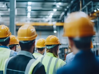 Poster - A group of industrial workers wearing safety helmets. Focused on the importance of safety, teamwork, and efficiency in a modern manufacturing environment. Collaboration is key.