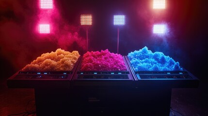 Poster - A gemstone color grading setup featuring various shades of topaz, sapphire, and ruby under bright lights.