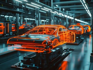 Poster - A high-tech automotive manufacturing facility showcasing a futuristic production line with illuminated vehicle frames and advanced robotics, symbolizing innovation in car assembly.