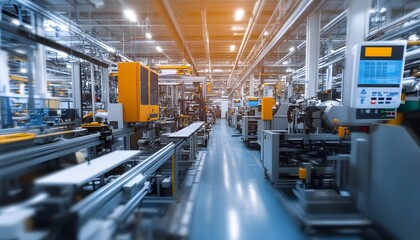 Poster - A modern industrial manufacturing facility showcasing advanced machinery and streamlined workflows, highlighting the precision and efficiency of contemporary production processes.