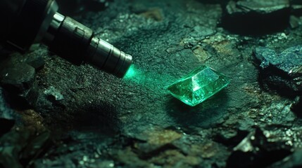 Poster - A gemstone lab spectrometer detecting impurities in a high-grade emerald under bright lighting.