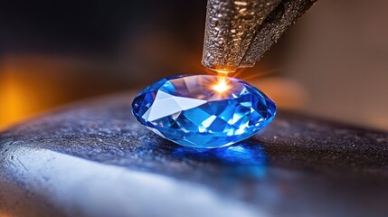 Poster - A glowing blue sapphire being cut with high-tech laser precision in a controlled setting.