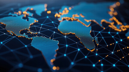 Poster - digital world map with network connections and glowing dots