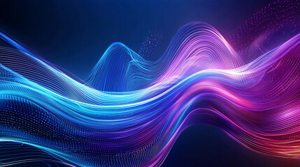 Poster - Abstract Colorful Wave Background Digital Art Neon Lights Glowing Lines Particle Flow Dynamic Movement Technology Illustration