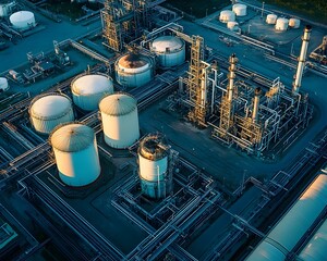 Poster - Aerial view of an industrial complex showcasing large tanks and pipelines. This image captures the intricacies of modern manufacturing and energy production facilities.