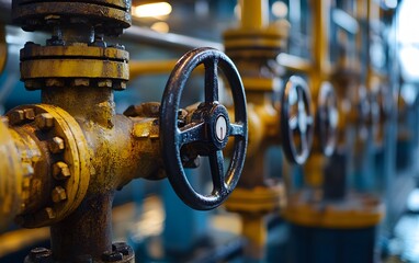 Poster - Close-up of industrial valves in a factory setting, showcasing intricate details, texture, and machinery
