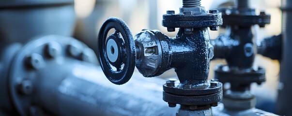 Poster - Close-up view of a valve on industrial machinery, showcasing the intricate details of metalwork. The image highlights the functionality and design within an industrial environment.