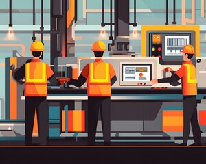 Poster - Three workers operate advanced machinery in a modern manufacturing facility, showcasing teamwork and technology in a vibrant industrial environment.