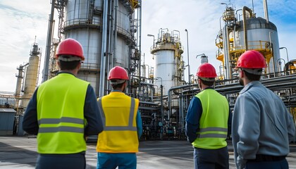 Poster - Workers in safety gear observe an industrial facility with tall structures and complex machinery, highlighting the importance of safety and teamwork in a busy industrial environmen
