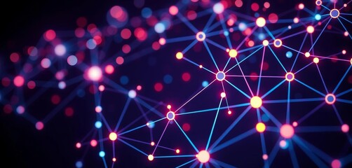 Poster - Abstract glowing network nodes and connections on dark background, online, empty