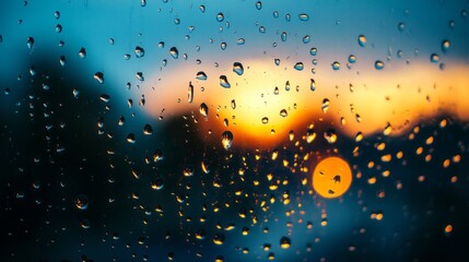 Poster - Gentle raindrops cling to the glass, creating a mesmerizing display as the vibrant hues of the sunset seep through. The world outside blurs into a dreamy palette of colors
